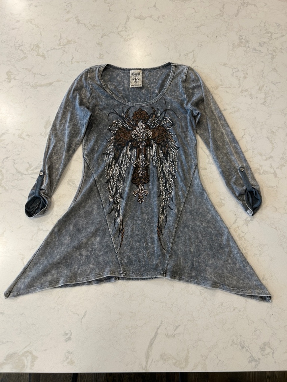 Vocal Grey Acid-Wash Y2K Tunic Top with Rhinestone Embellished Cross Feather S